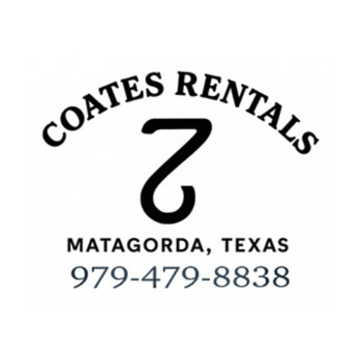 Logo for Coates Rentals in Matagorda, Texas, featuring a stylized hook symbol, business name, location, and phone number 979-479-8838.